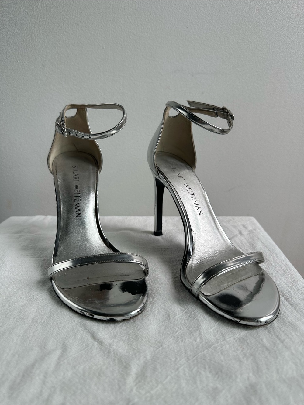 Stuart Weitzman Nudist Sandal Metallic Silver Ankle-Strap Heel size 6